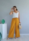 Hardal Beli Lastikli Bol Paça Keten Pantolon