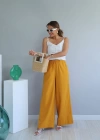 Hardal Beli Lastikli Bol Paça Keten Pantolon