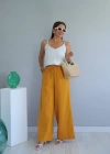 Hardal Beli Lastikli Bol Paça Keten Pantolon
