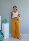Hardal Beli Lastikli Bol Paça Keten Pantolon