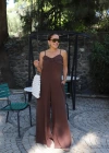 KAHVE Göğüs Drape Detay Askılı Tulum