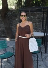 KAHVE Göğüs Drape Detay Askılı Tulum