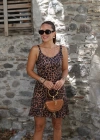 Kahve Leopar Desen Sırt Detay Mini Saten Elbise