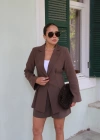 KAHVE Pileli Şort Ceket Keten Takım