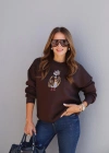 Kahverengi Taşlı Teddy İşleme Detay Sweatshirt
