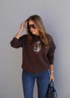 Kahverengi Taşlı Teddy İşleme Detay Sweatshirt