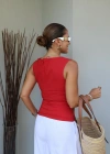 KIRMIZI Yan Drape Detay Bluz