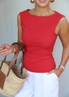 KIRMIZI Yan Drape Detay Bluz
