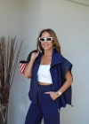 Lacivert Bel Lastik Detay Yelek Pantolon Takım
