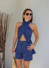 Lacivert Boyun Çapraz Detay Bluz