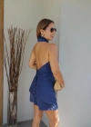 Lacivert Boyun Çapraz Detay Bluz