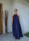 Lacivert Boyundan Bağlama Detay Elbise