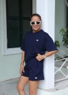 Lacivert İşleme Detay Tshirt Şort Takım