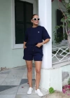 Lacivert İşleme Detay Tshirt Şort Takım