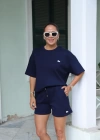 Lacivert İşleme Detay Tshirt Şort Takım