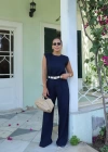 Lacivert Keten Vatkalı Bluz Pantolon Takım