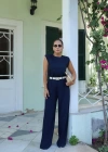 Lacivert Keten Vatkalı Bluz Pantolon Takım