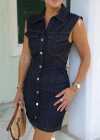 Lacivert Yanları Drape Detay Jean Elbise