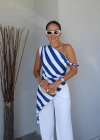 MAVİ Çizgili Asimetik Kesim Bluz