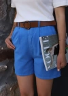 Mavi Kemer Detay Gabardin Şort