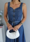 Mavi Yaka Detay Kuşaklı Jean Elbise