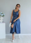 Mavi Yaka Detay Kuşaklı Jean Elbise