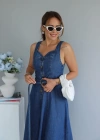 Mavi Yaka Detay Kuşaklı Jean Elbise