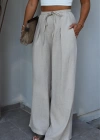 NATURAL Beli Lastikli İpli Bol Paça Keten Pantolon