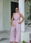 PEMBE Boyundan Geçmeli Bluz Pantolon Takım