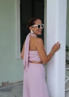PEMBE Boyundan Geçmeli Bluz Pantolon Takım