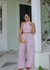 PEMBE Boyundan Geçmeli Bluz Pantolon Takım