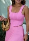 Pembe Dikiş Detay Oval Kesim Triko Crop Atlet