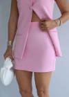 Pembe Kaplama Düğmeli Premium Yelek Etek Takım