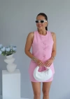 Pembe Kaplama Düğmeli Premium Yelek Etek Takım