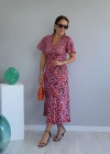 Pembe Leopar Desen V Yaka Saten Elbise