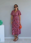 Pembe Leopar Desen V Yaka Saten Elbise
