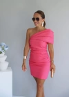Pembe Omuz Detay Drapeli Elbise