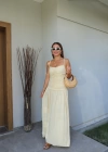 SARI Askılı Drape Detay Maxi Boy Elbise