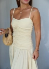SARI Askılı Drape Detay Maxi Boy Elbise