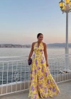 SARI Desenli Boyundan Bağlama Detay Saten Elbise