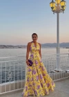 SARI Desenli Boyundan Bağlama Detay Saten Elbise