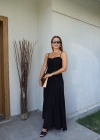 Siyah Askılı Drape Detay Maxi Boy Elbise