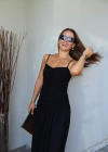 Siyah Askılı Drape Detay Maxi Boy Elbise