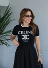 Siyah Beyaz Yazı Detay Yaka Ve Kol Biyeli Tshirt
