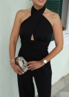 Siyah Çapraz Yaka Detay Sırt Dekolteli Tulum