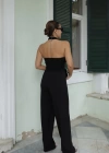 Siyah Çapraz Yaka Detay Sırt Dekolteli Tulum