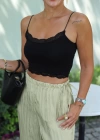 Siyah Dantel Detay Crop Atlet