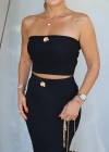 Siyah Deniz Kabuğu Detay Etek Crop Takım