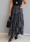 Siyah Ekose Desenli Asimetrik Etek