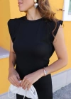 Siyah Kendinden Fitilli Arka Yırtmaç Detay Elbise